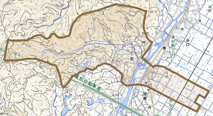 筋とその周辺の地図。町の範囲を重ねている
