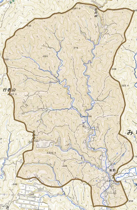 高野とその周辺の地図。町の範囲を重ねている