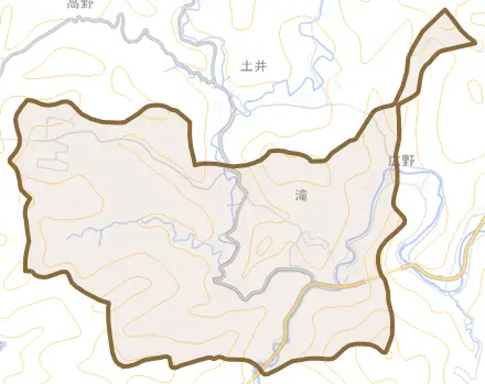 滝とその周辺の地図。町の範囲を重ねている