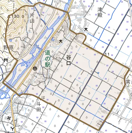 谷口とその周辺の地図。町の範囲を重ねている