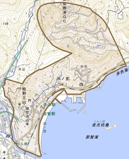 大字浜ノ宮とその周辺の地図。町の範囲を重ねている