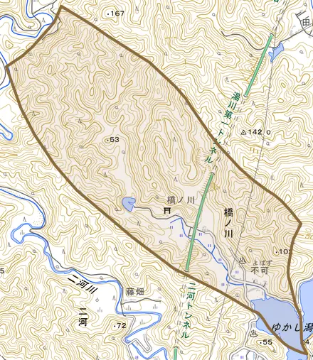 大字橋ノ川とその周辺の地図。町の範囲を重ねている