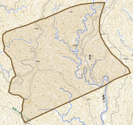 大字直柱とその周辺の地図。町の範囲を重ねている