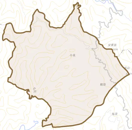 大字樫原とその周辺の地図。町の範囲を重ねている