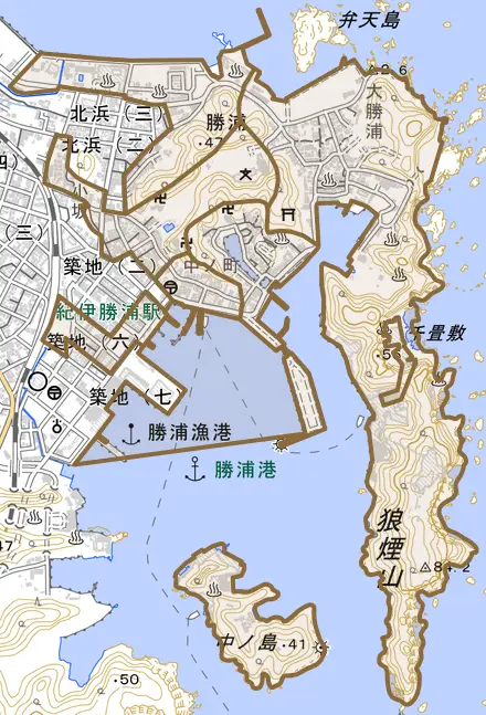 大字勝浦とその周辺の地図。町の範囲を重ねている