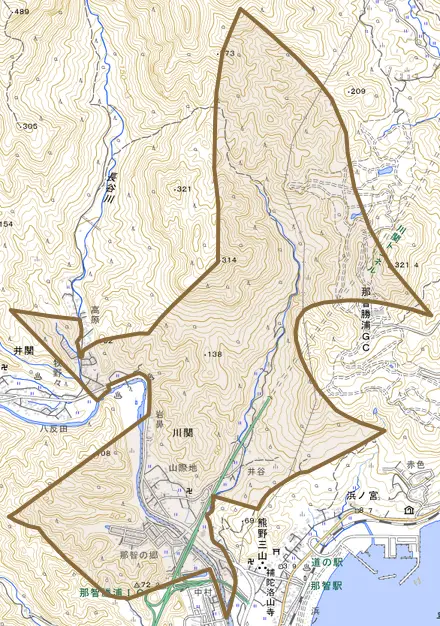 大字川関とその周辺の地図。町の範囲を重ねている