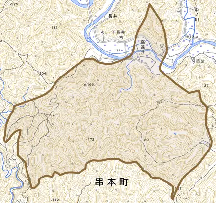 大字高遠井とその周辺の地図。町の範囲を重ねている