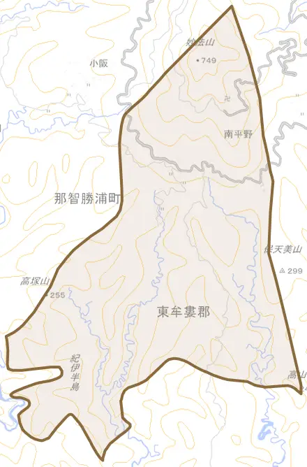 大字南平野とその周辺の地図。町の範囲を重ねている