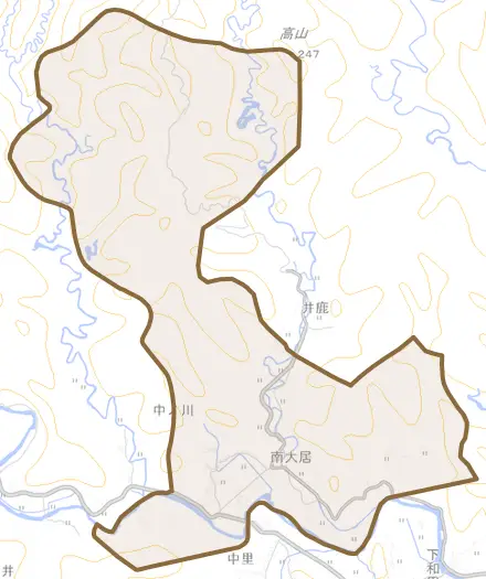 大字南大居とその周辺の地図。町の範囲を重ねている