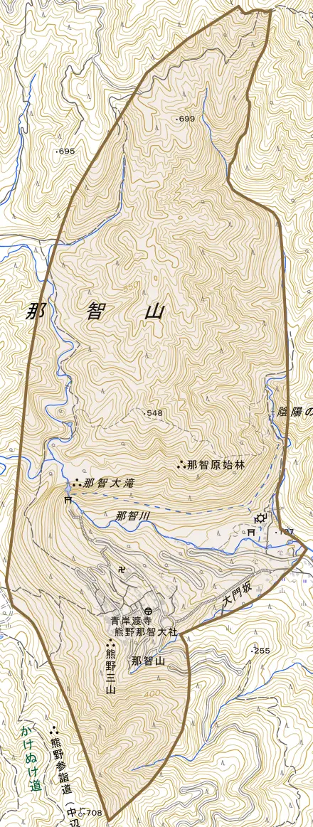 大字那智山とその周辺の地図。町の範囲を重ねている