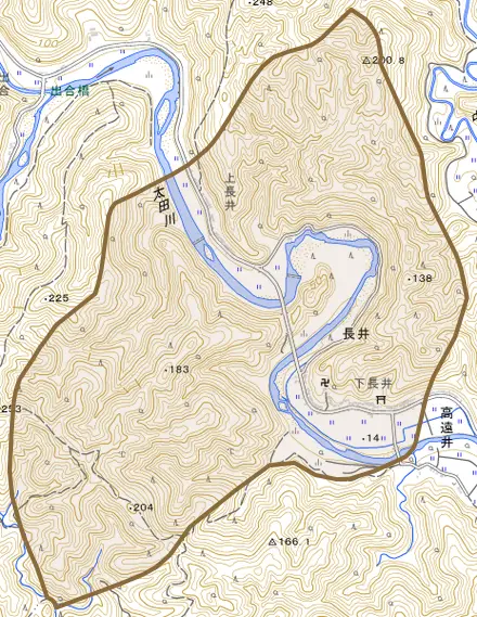 大字長井とその周辺の地図。町の範囲を重ねている