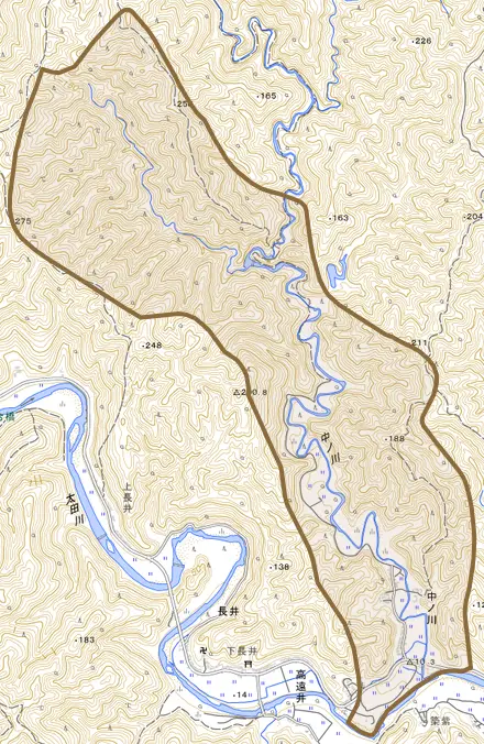 大字中ノ川とその周辺の地図。町の範囲を重ねている