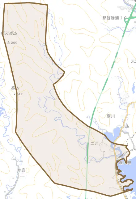大字二河とその周辺の地図。町の範囲を重ねている