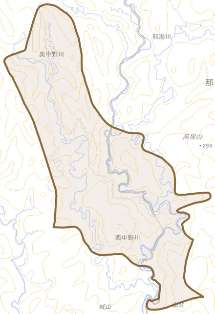 大字西中野川とその周辺の地図。町の範囲を重ねている