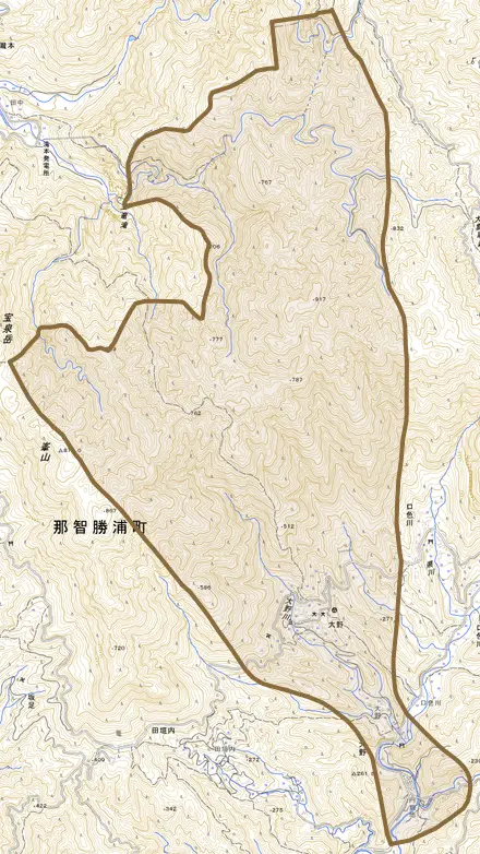 大字大野とその周辺の地図。町の範囲を重ねている