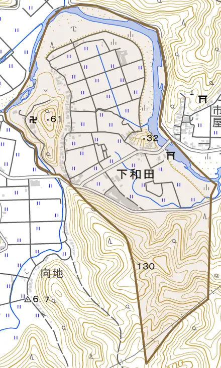 大字下和田とその周辺の地図。町の範囲を重ねている