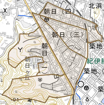 大字朝日とその周辺の地図。町の範囲を重ねている
