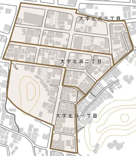 大字北浜とその周辺の地図。町の範囲を重ねている