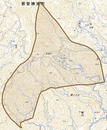 大字田垣内とその周辺の地図。町の範囲を重ねている