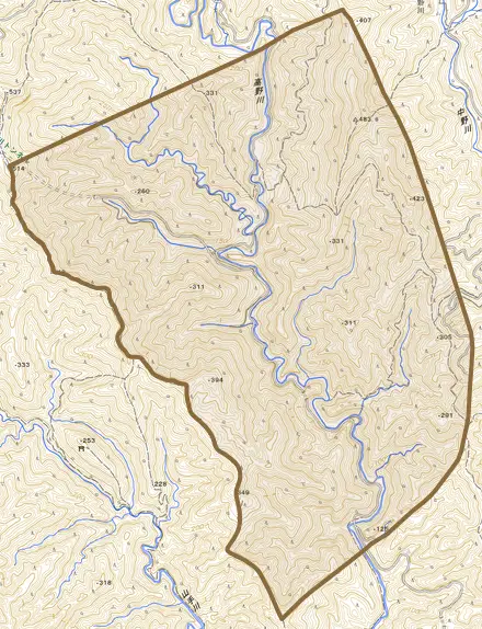 大字高野とその周辺の地図。町の範囲を重ねている