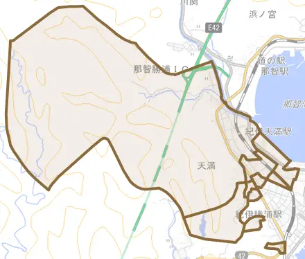 大字天満とその周辺の地図。町の範囲を重ねている
