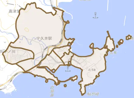 大字宇久井とその周辺の地図。町の範囲を重ねている