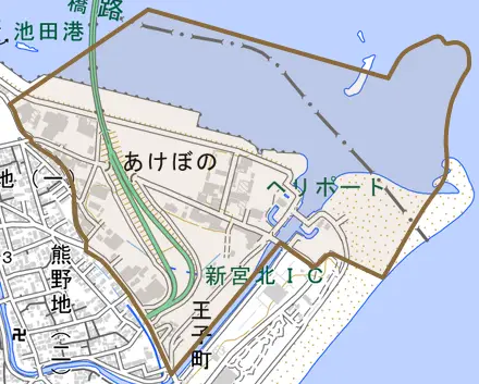 あけぼのとその周辺の地図。町の範囲を重ねている