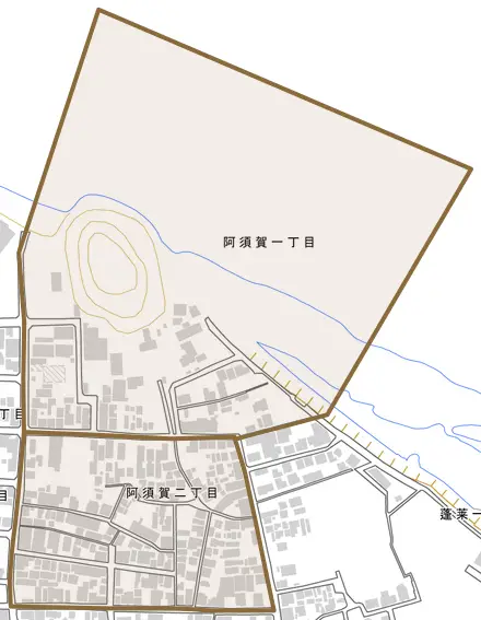 阿須賀とその周辺の地図。町の範囲を重ねている