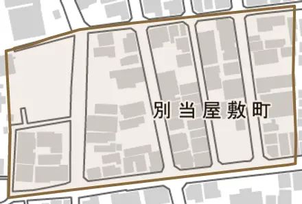 別当屋敷町とその周辺の地図。町の範囲を重ねている