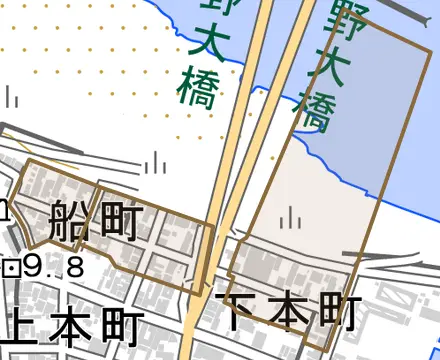 船町とその周辺の地図。町の範囲を重ねている