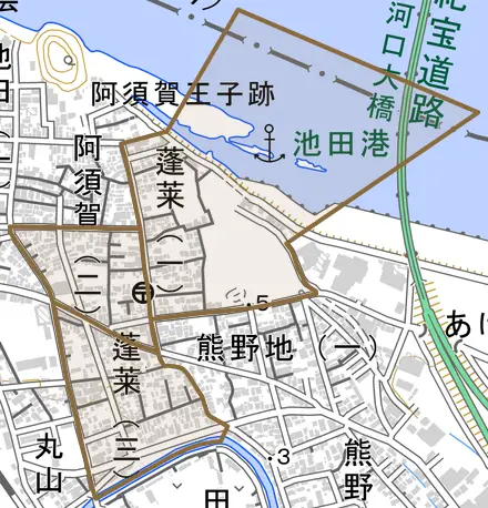 蓬莱とその周辺の地図。町の範囲を重ねている