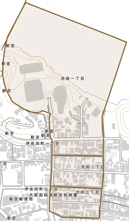 池田とその周辺の地図。町の範囲を重ねている