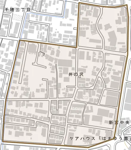 井の沢とその周辺の地図。町の範囲を重ねている