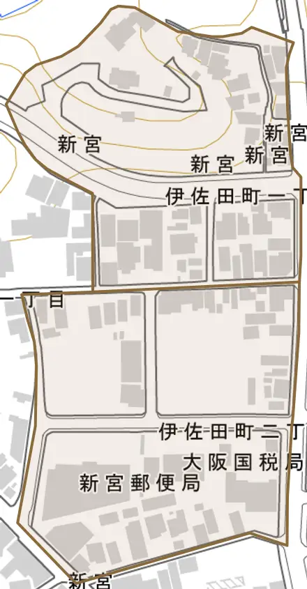 伊佐田町とその周辺の地図。町の範囲を重ねている