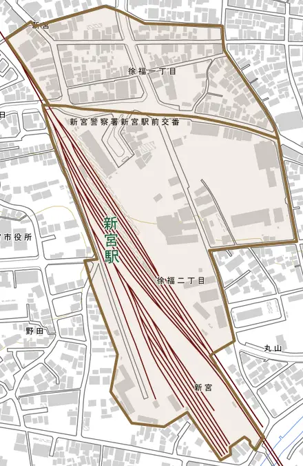 徐福とその周辺の地図。町の範囲を重ねている