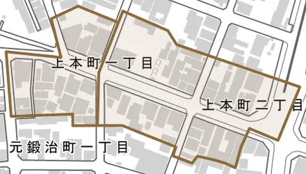 上本町とその周辺の地図。町の範囲を重ねている
