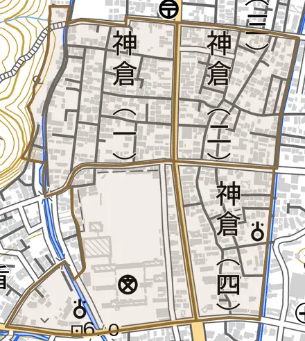 神倉とその周辺の地図。町の範囲を重ねている