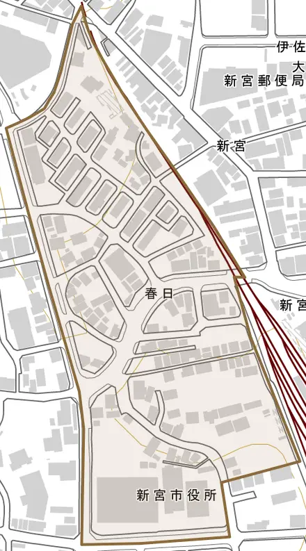 春日とその周辺の地図。町の範囲を重ねている