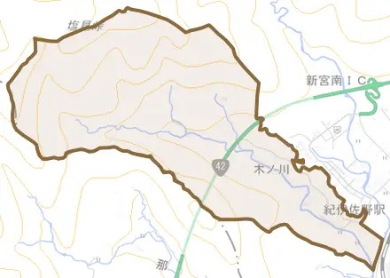 木ノ川とその周辺の地図。町の範囲を重ねている