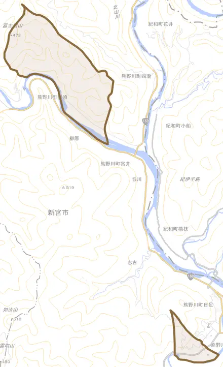 熊野川町相須とその周辺の地図。町の範囲を重ねている