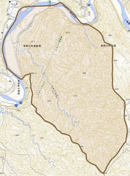 熊野川町東敷屋とその周辺の地図。町の範囲を重ねている