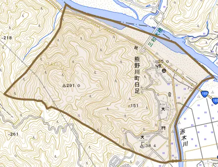 熊野川町日足とその周辺の地図。町の範囲を重ねている