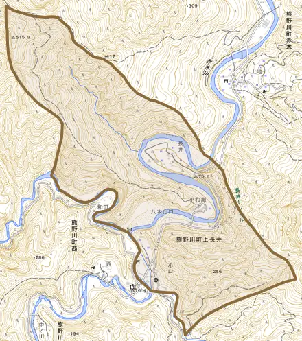 熊野川町上長井とその周辺の地図。町の範囲を重ねている