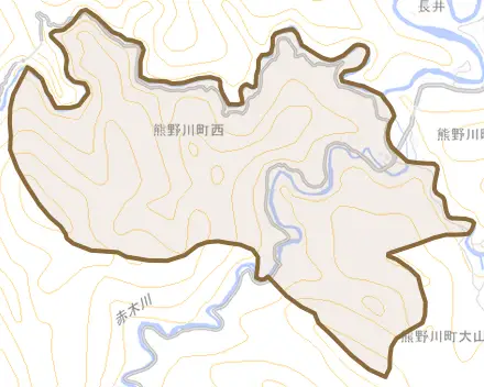 熊野川町西とその周辺の地図。町の範囲を重ねている