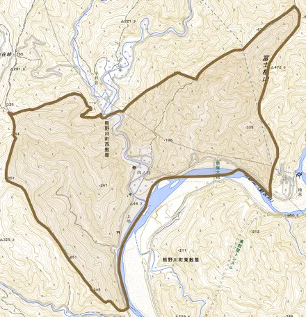 熊野川町西敷屋とその周辺の地図。町の範囲を重ねている