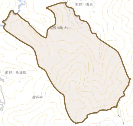 熊野川町大山とその周辺の地図。町の範囲を重ねている