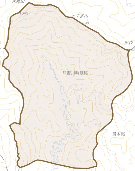 熊野川町篠尾とその周辺の地図。町の範囲を重ねている