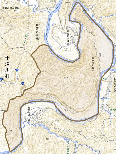 熊野川町嶋津とその周辺の地図。町の範囲を重ねている