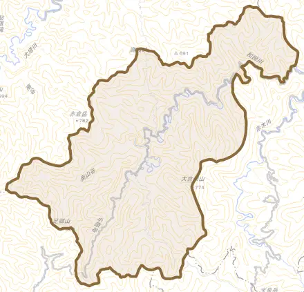 熊野川町畝畑とその周辺の地図。町の範囲を重ねている