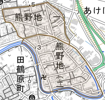 熊野地とその周辺の地図。町の範囲を重ねている